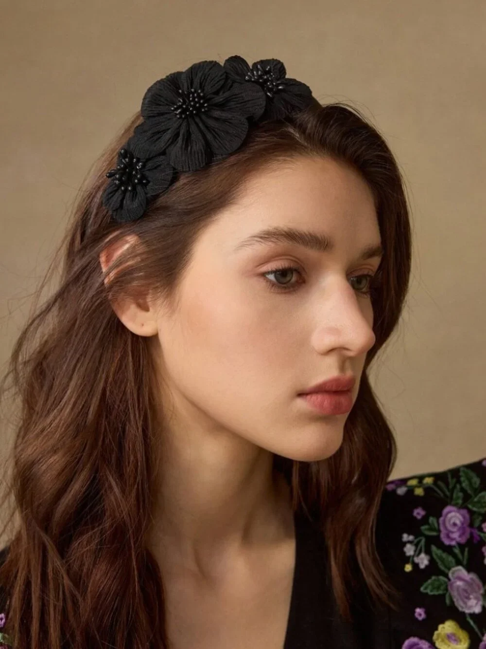 Black Floral Beaded Headband - 3D Flower Statement